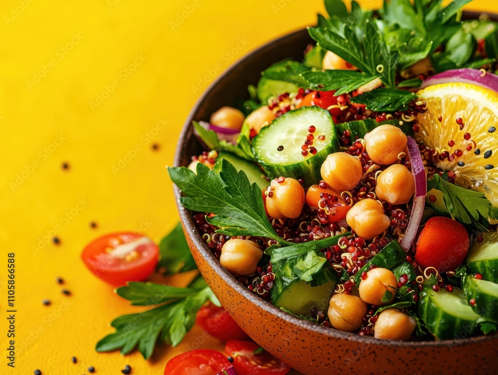 Healthy quinoa salad recipe kitchen food photography bright yellow background close-up nutrition concept Healthy quinoa salad recipe kitchen food photography bright yellow background close-up nutrition concept