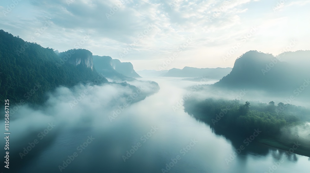 Fototapeta premium Misty River Valley Dawn Scenic Mountain View