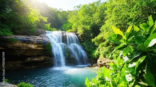 Serene Waterfall Cascading into Tranquil Pool Surrounded by Lush Greenery