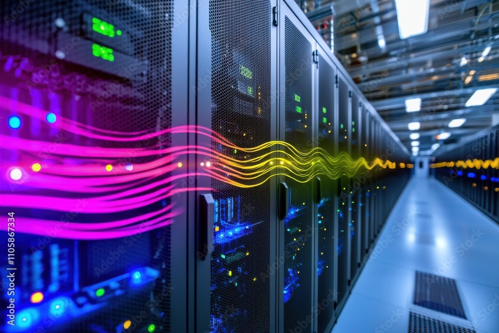 Modern Data Center with Colorful Light Waves and Server Racks Modern Data Center with Colorful Light Waves and Server Racks