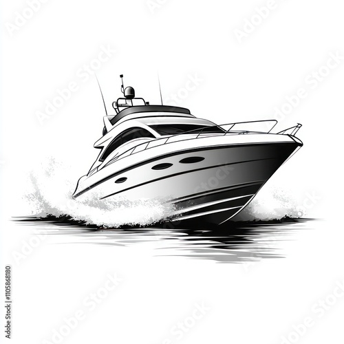 Sleek motor yacht speeding across water, monochrome illustration. photo