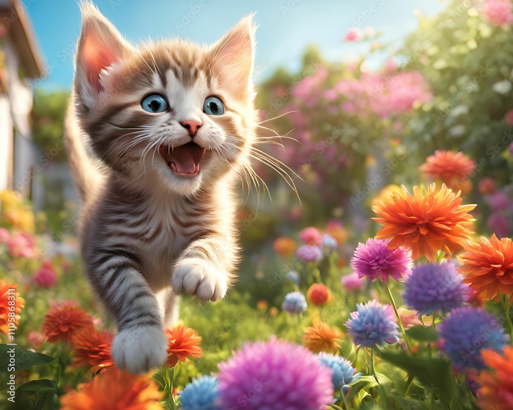 Cute kitten in home garden 3D rendering, smiling, jumping Generative AI Cute kitten in home garden 3D rendering, smiling, jumping Generative AI