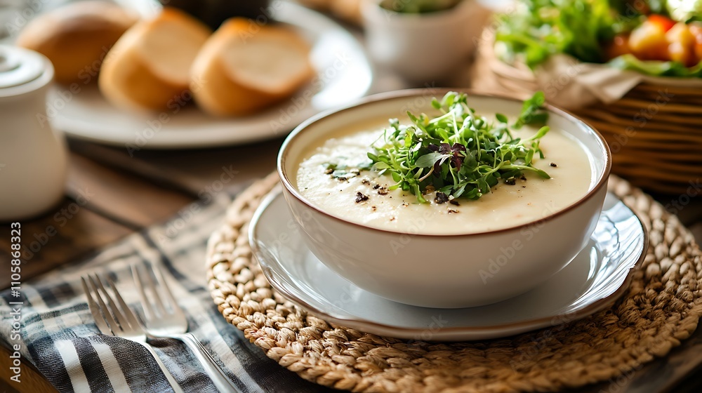 A cozy dining table setting with a home-cooked meal of soup, bread, and a fresh green salad, perfect for a family gathering A cozy dining table setting with a home-cooked meal of soup, bread, and a fresh green salad, perfect for a family gathering