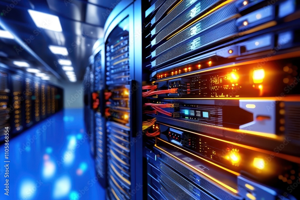 Data Center Interior with Rows of Servers and Bright Lights Data Center Interior with Rows of Servers and Bright Lights