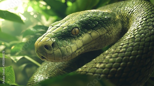 Lush Tropical Rainforest Scene Featuring a Realistic Green Snake Camouflaged Among Vibrant Green Foliage