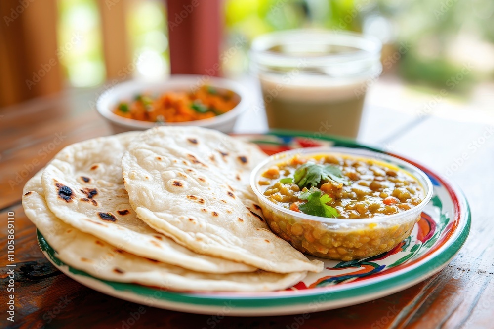 Freshly Made Flatbread with Lentil Curry and Yogurt Drink on Table Freshly Made Flatbread with Lentil Curry and Yogurt Drink on Table