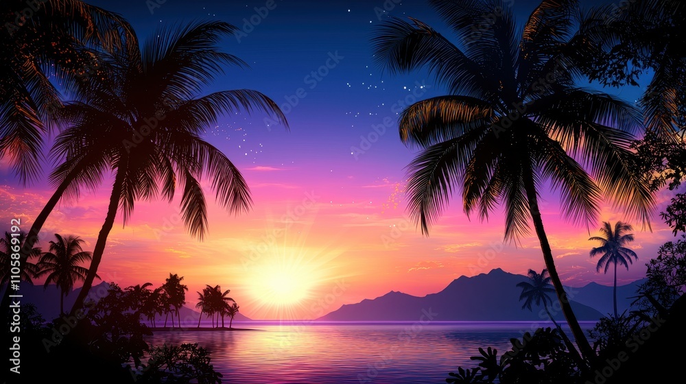 Obraz premium Vibrant Sunset Over Calm Water with Palm Trees and Mountain View