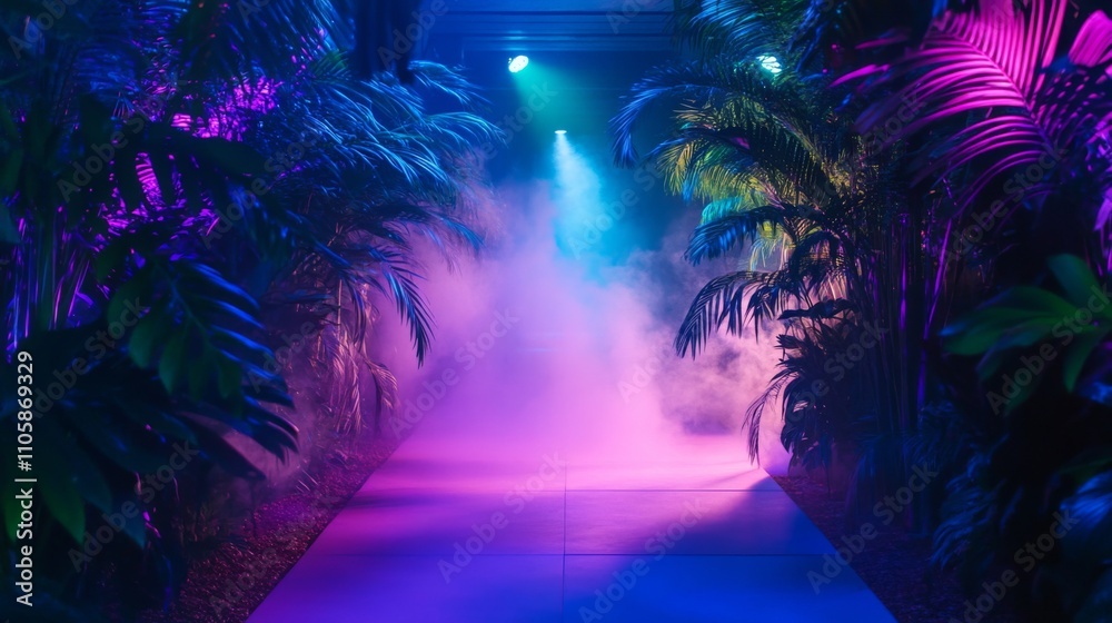 Fototapeta premium Neon Jungle Path: A Vibrant Walkway Underneath Glowing Palm Trees