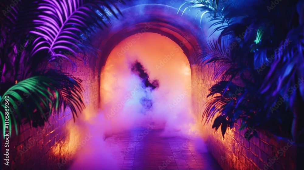 Fototapeta premium Enthralling Neon Tunnel with Tropical Plants and Mystical Fog - A Vibrant Architectural Passageway