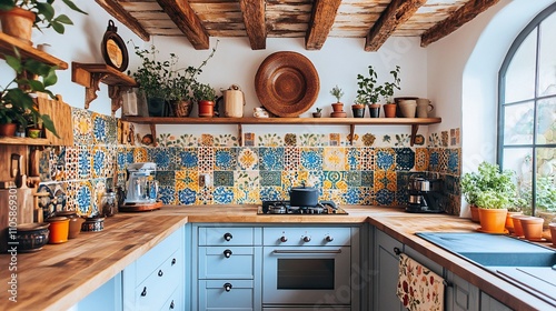 Rustic kitchen with colorful tile backsplash, wooden beams, and plants.