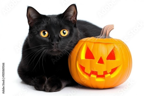 a photostock of a Cute funny black cat in halloween decor room. Happy Halloween party concept. , isolated on white background, , copy space, copy space for text,