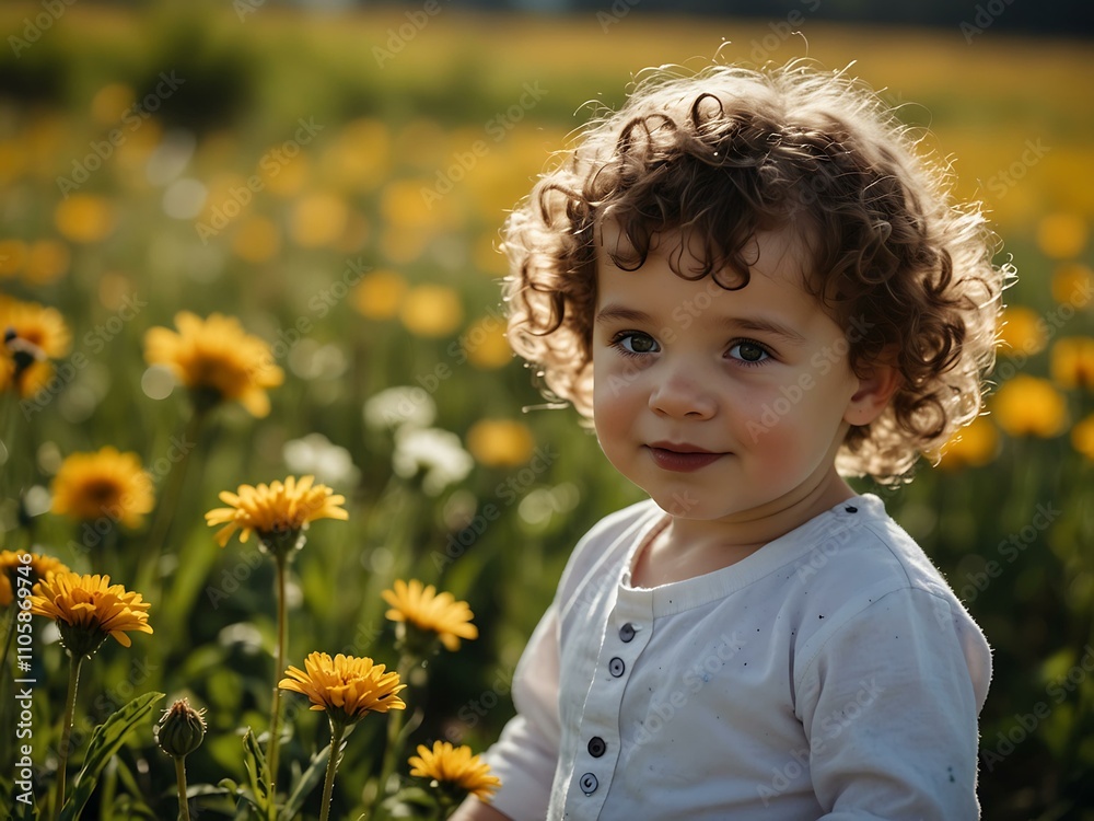 Curly-haired toddler in a sunny flower meadow. Curly-haired toddler in a sunny flower meadow.