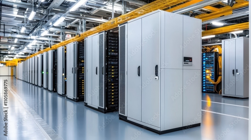 Modern Data Center with Rows of Computer Server Cabinets and Cables Modern Data Center with Rows of Computer Server Cabinets and Cables