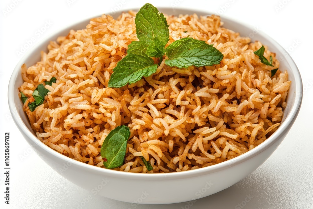 Aromatic Long Grain Rice with Fresh Mint Leaves in a Bowl Aromatic Long Grain Rice with Fresh Mint Leaves in a Bowl