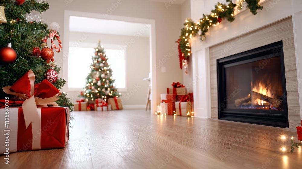 Cozy Christmas Living Room with Fireplace and Festive Decorations Cozy Christmas Living Room with Fireplace and Festive Decorations