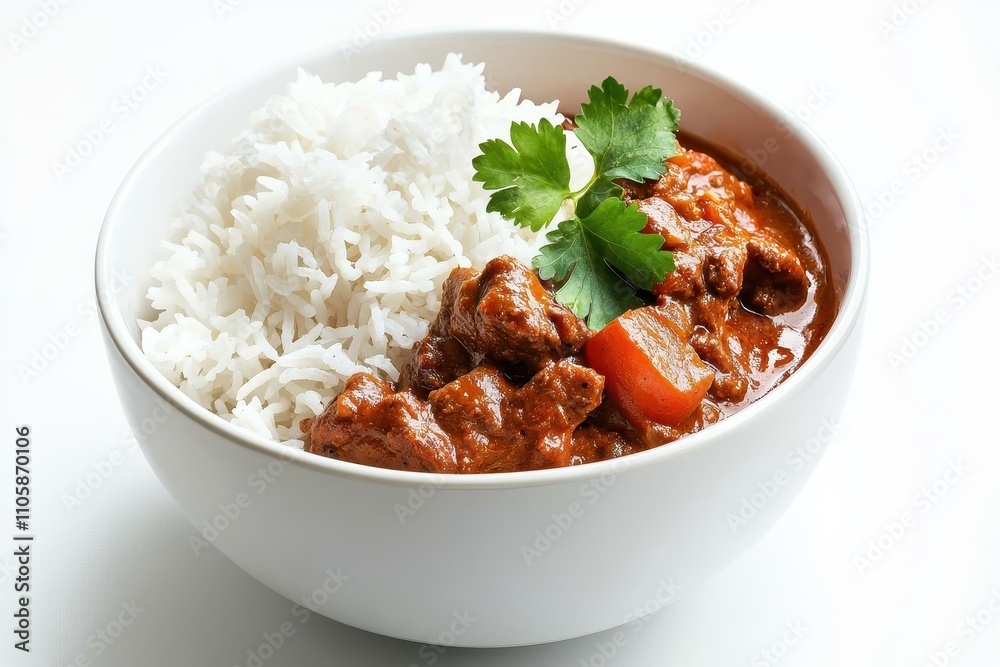 Delicious Bowl of Stewed Meat with Rice and Fresh Herbs Garnish