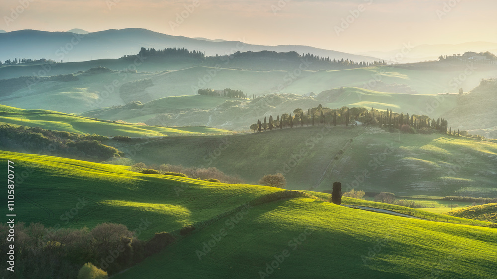 Fototapeta premium Landscape in Pienza with rolling hills at sunset. Tuscany, Italy
