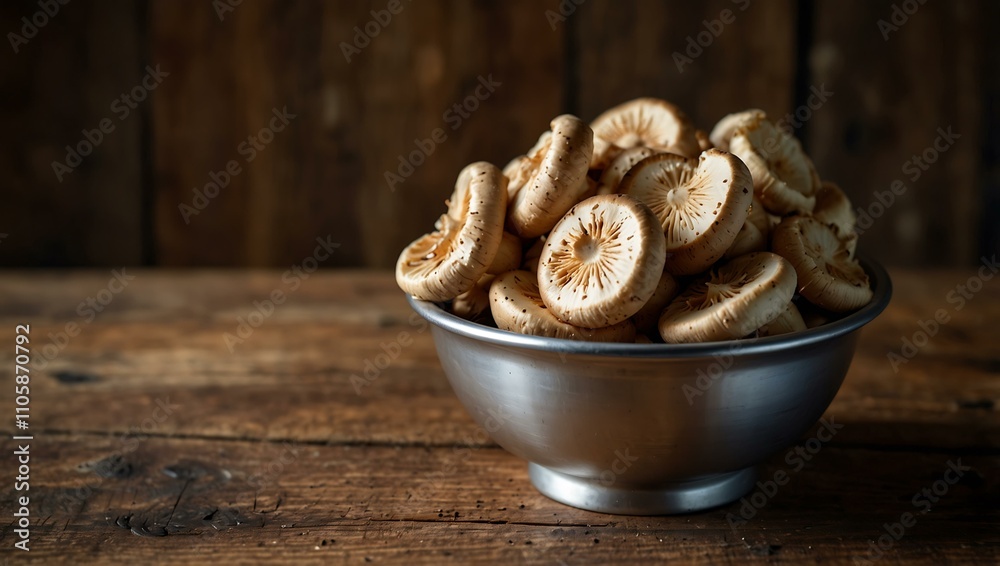 Cut mushrooms in a metallic bowl on a wooden table. Cut mushrooms in a metallic bowl on a wooden table.