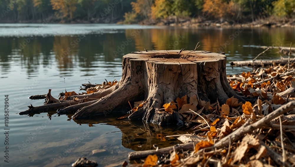 Cut tree stump surrounded by dried leaves near water, highlighting the environmental impact of deforestation. Cut tree stump surrounded by dried leaves near water, highlighting the environmental impact of deforestation.