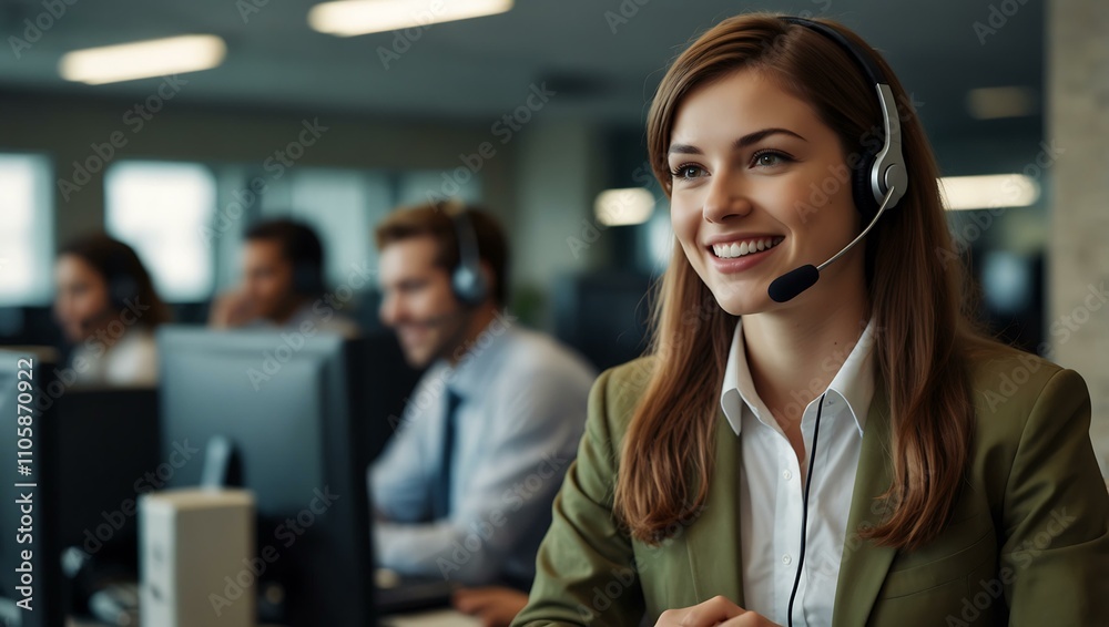 Customer service assistance at a call center with a smiling woman.