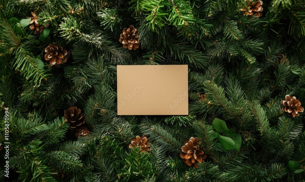 Gold gift box surrounded by pine branches and pine cones, festive arrangement, holiday season, natural decor Gold gift box surrounded by pine branches and pine cones, festive arrangement, holiday season, natural decor
