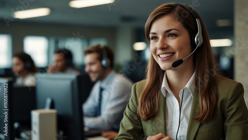 Obraz na płótnie Customer service assistance at a call center with a smiling woman. w salonie