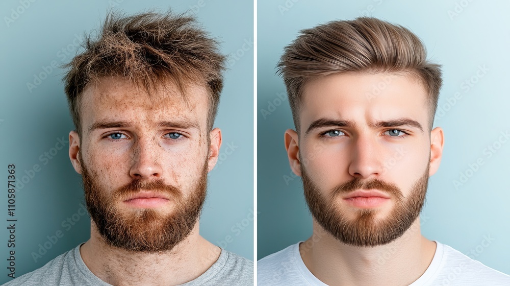 Fototapeta premium A side-by-side transformation of a young Caucasian male with a beard, showcasing a natural and groomed look., contrast of hair style, comparison