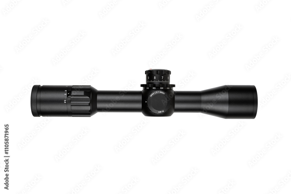 High-quality rifle scope with adjustment knobs, black matte finish, precision optics, ideal for hunting and shooting sports, isolated on a white back High-quality rifle scope with adjustment knobs, black matte finish, precision optics, ideal for hunting and shooting sports, isolated on a white back