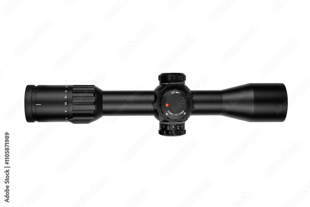 High-quality rifle scope with adjustment knobs, black matte finish, precision optics, ideal for hunting and shooting sports, isolated on a white back High-quality rifle scope with adjustment knobs, black matte finish, precision optics, ideal for hunting and shooting sports, isolated on a white back