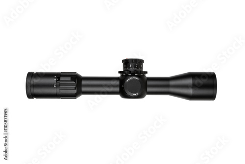 High-quality rifle scope with adjustment knobs, black matte finish, precision optics, ideal for hunting and shooting sports, isolated on a white back