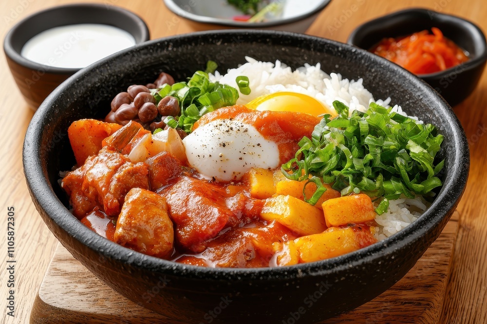 Delicious bowl of spicy stew with rice, vegetables, and egg Delicious bowl of spicy stew with rice, vegetables, and egg