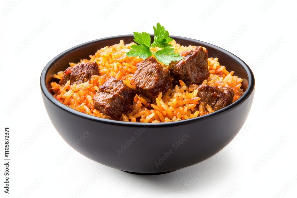 Savory Beef Rice Bowl with Garnish on White Background Savory Beef Rice Bowl with Garnish on White Background