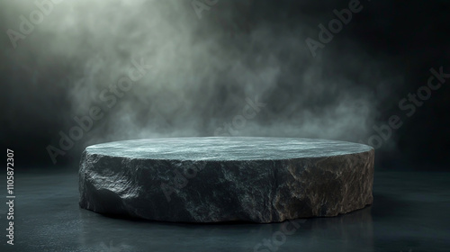 A stone podium for product presentation on a dark background with light and smoke, rendered. photo