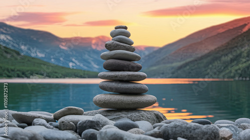 Stack of balancing zen stones on a rock near a serene mountain lake at sunset, with reflections of the colorful sky and surrounding peaks, symbolizing harmony, mindfulness, tranquility, balance photo