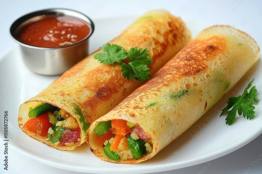 Delicious Vegetable Dosa Rolls on White Plate with Chutney