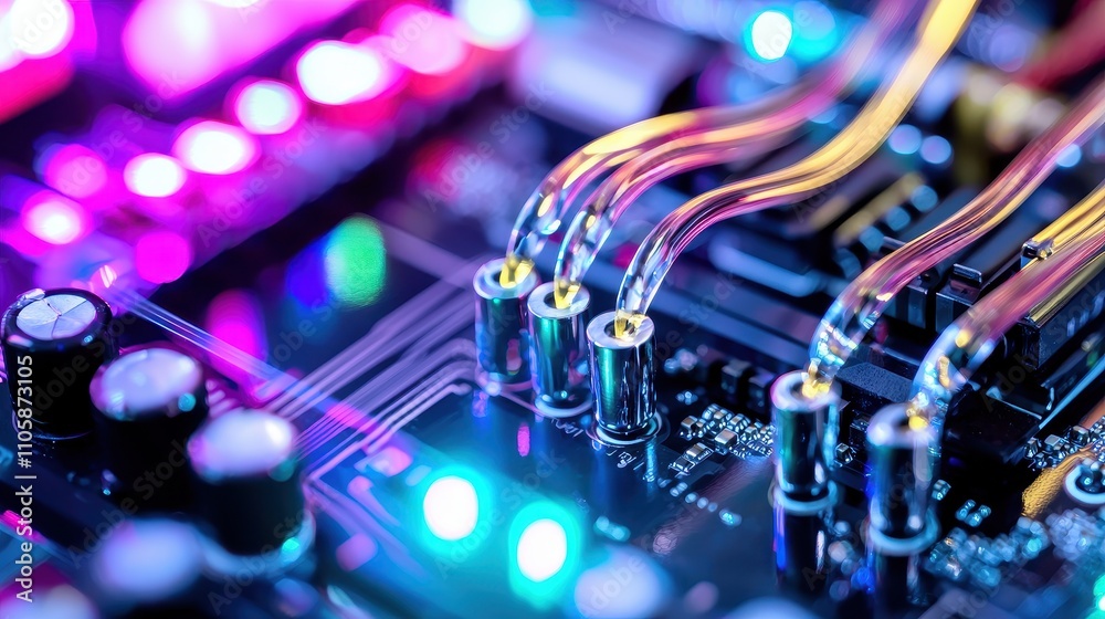 Fototapeta premium Colorful Circuit Board Close-Up with Neon Lighting and Connections