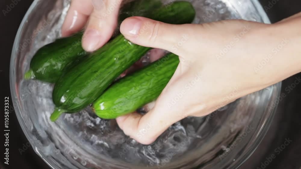 Fresh cucumbers soaking in a clear glass bowl highlight the importance of food hygiene. Washing ensures cleanliness and prepares the vegetables for a nutritious recipe Fresh cucumbers soaking in a clear glass bowl highlight the importance of food hygiene. Washing ensures cleanliness and prepares the vegetables for a nutritious recipe