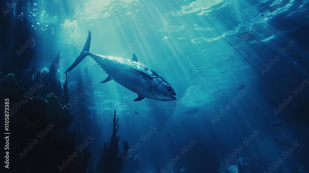 Fototapeta premium An Underwater Ocean Scene with Giant Bluefin Tuna, Generative AI.