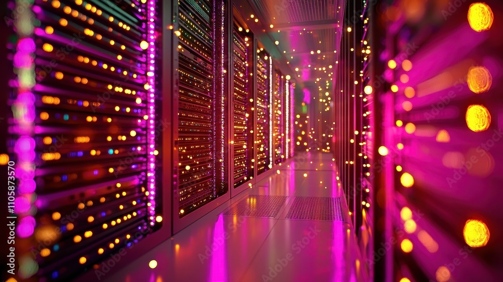 Enigmatic Pathway Through Futuristic Data Center with Colorful Lights Enigmatic Pathway Through Futuristic Data Center with Colorful Lights
