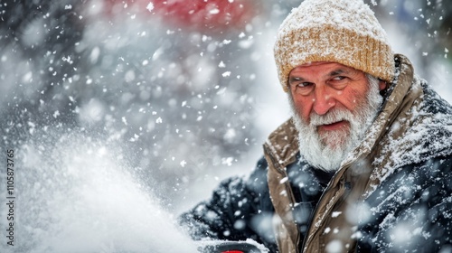 A weathered man braving a blizzard, enduring the winter's icy grip. A powerful image of resilience in a snowy landscape.