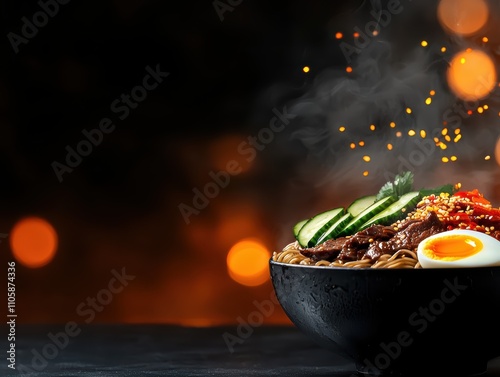 Delicious noodle bowl preparation cozy kitchen food photography warm ambiance close-up culinary artistry for food lovers photo