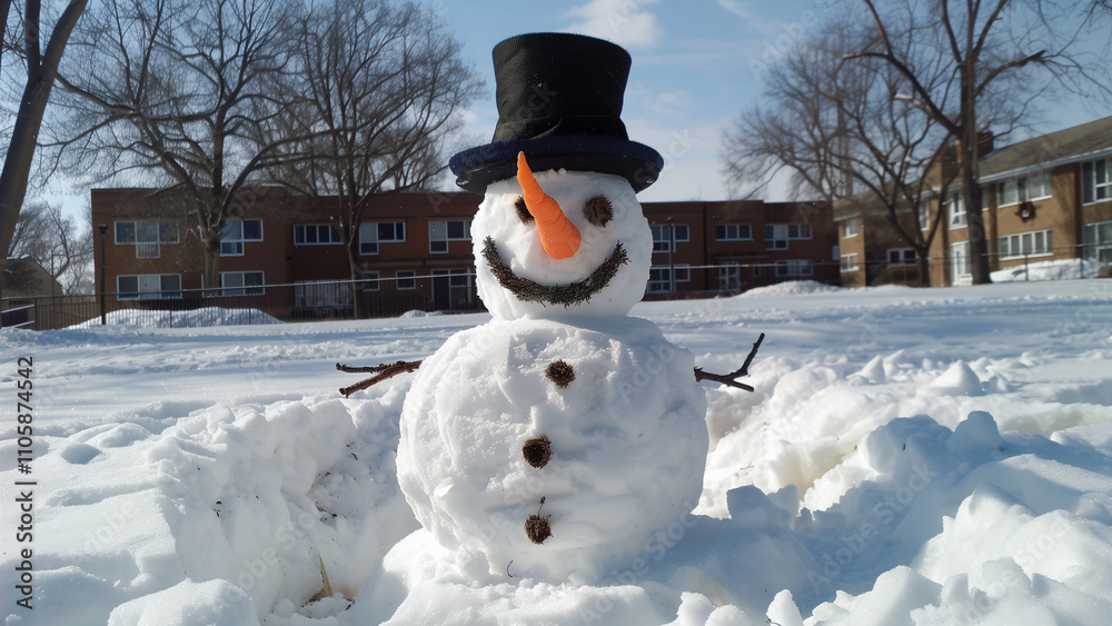 Snowman, sporting top hat, carrot nose, and twig arms, stands proudly in snowy yard
