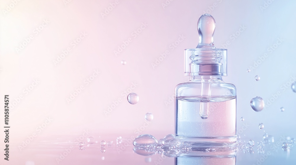 Luxury Cosmetic Serum Bottle with Water Splash on Pastel Background