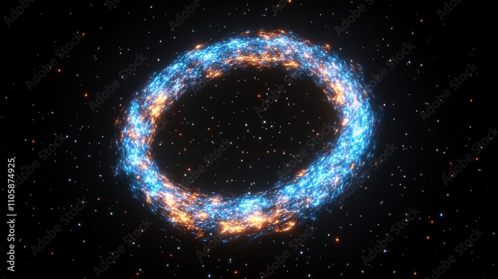 Stunning Cosmic Ring of Light in Deep Space with Vibrant Blue and Orange Colors Against a Backdrop of Twinkling Stars and Infinite Blackness of the Universe Stunning Cosmic Ring of Light in Deep Space with Vibrant Blue and Orange Colors Against a Backdrop of Twinkling Stars and Infinite Blackness of the Universe