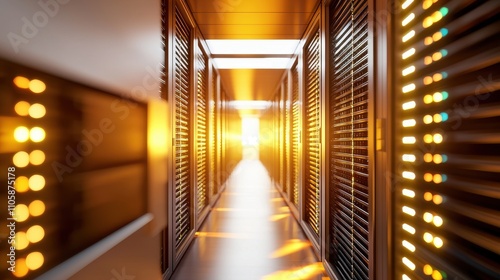 Futuristic Data Center Corridor with Warm Light and Modern Design