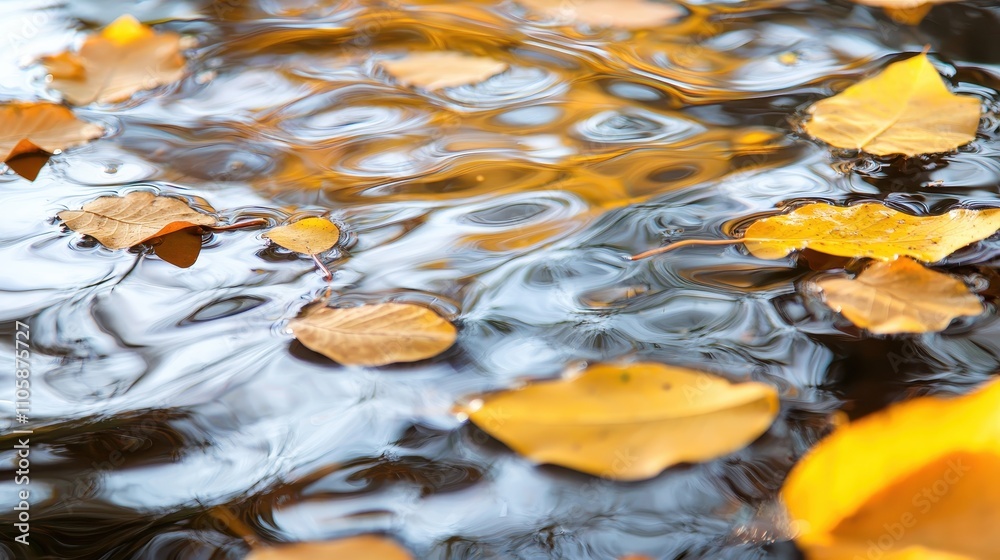 Colorful Autumn Leaves Floating on Calm Water Surface in Nature Colorful Autumn Leaves Floating on Calm Water Surface in Nature