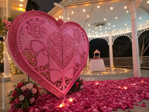 Wallpaper Mural vibrant pink heart shaped decoration adorned with intricate designs is surrounded by rose petals and warm lights in romantic gazebo setting Torontodigital.ca