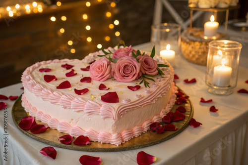 heart shaped cake with pink frosting and rose petals, illuminated by candlelight, creates romantic atmosphere