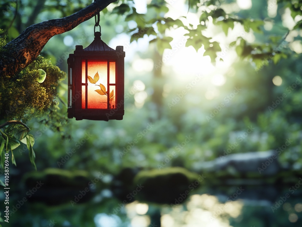 Glowing lantern hanging from tree branch in serene forest garden. Glowing lantern hanging from tree branch in serene forest garden.