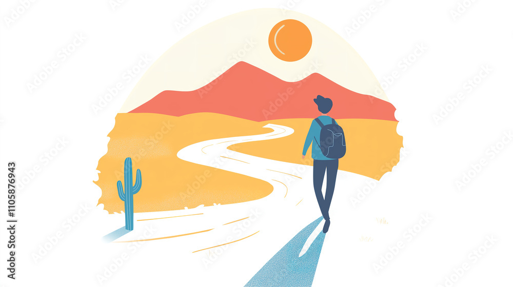 A Minimalist Cartoon Illustration of a Solo Traveler Strolling Down a Winding Desert Road Surrounded by a Sun and a Single Cactus to Convey Solitude A Minimalist Cartoon Illustration of a Solo Traveler Strolling Down a Winding Desert Road Surrounded by a Sun and a Single Cactus to Convey Solitude